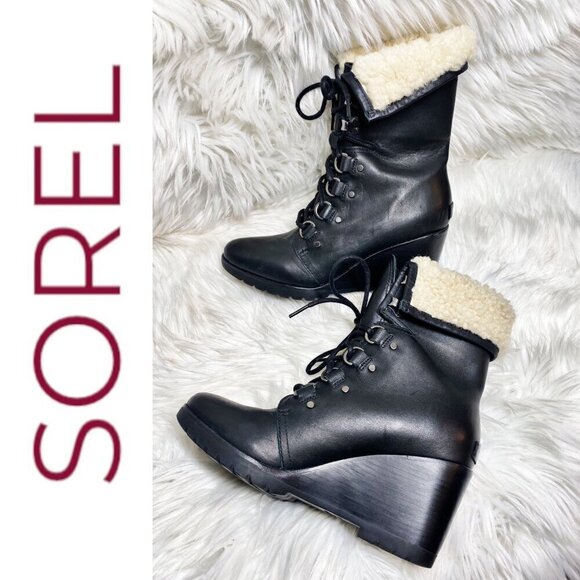 NWOT SOREL After Hours Lace-Up Shearling Waterproof Wedge Boots Black, 9.5 - Picture 2 of 14
